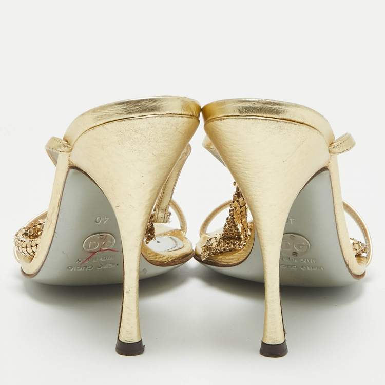Pre Owned Dolce & Gabbana Metallic Gold Leather and Metal Ankle Strap Sandals Size 40
