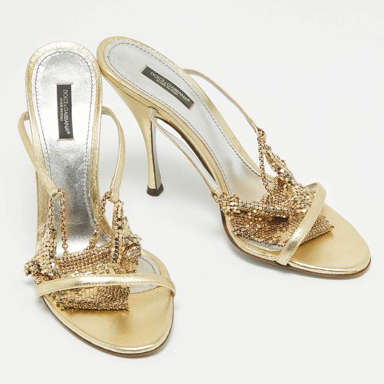 Pre Owned Dolce & Gabbana Metallic Gold Leather and Metal Ankle Strap Sandals Size 40