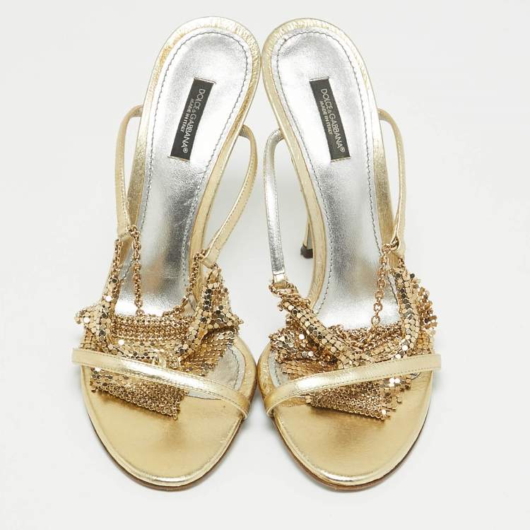 Pre Owned Dolce & Gabbana Metallic Gold Leather and Metal Ankle Strap Sandals Size 40