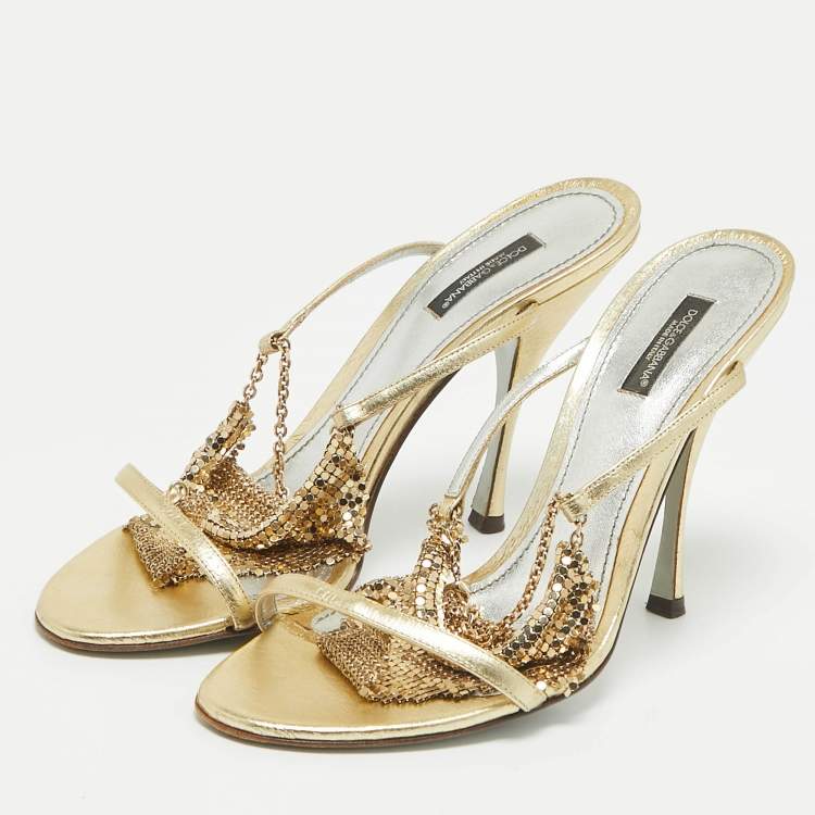 Pre Owned Dolce & Gabbana Metallic Gold Leather and Metal Ankle Strap Sandals Size 40