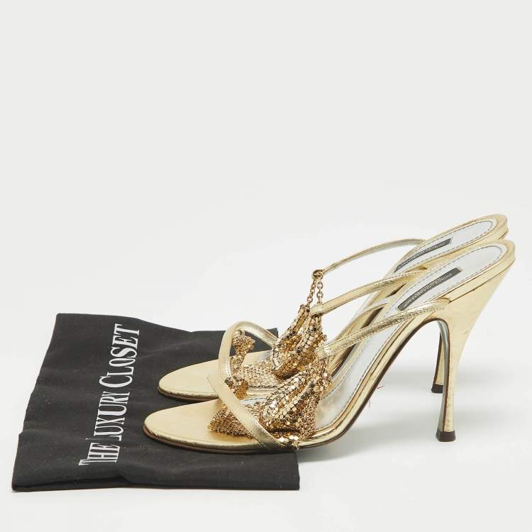 Pre Owned Dolce & Gabbana Metallic Gold Leather and Metal Ankle Strap Sandals Size 40