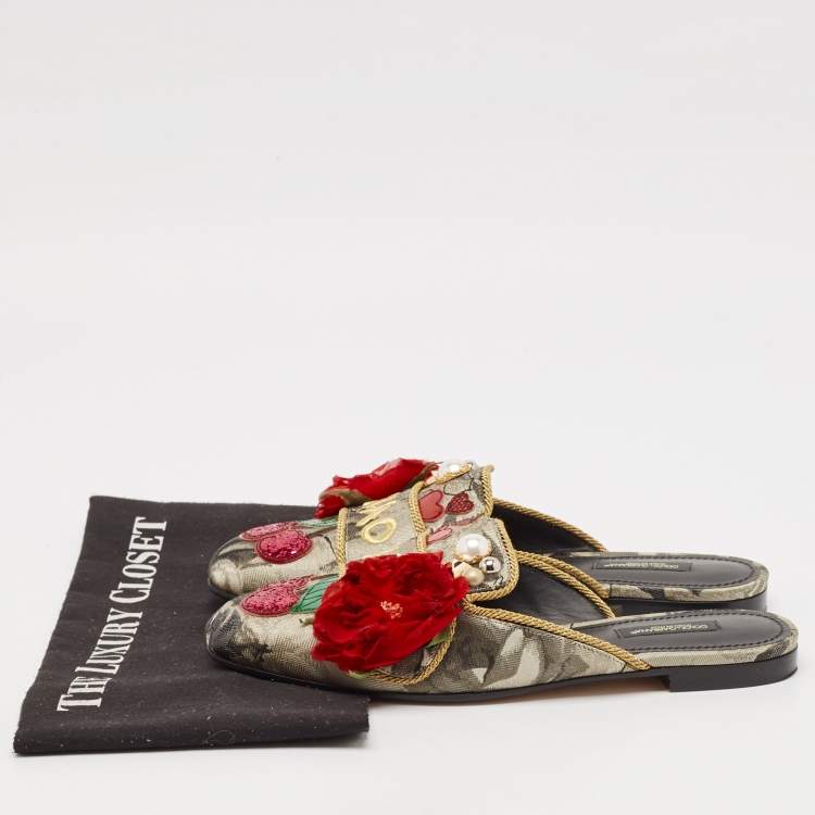 Pre Owned Dolce & Gabbana Multicolor Canvas flower Embellished Flat Mules Size 38