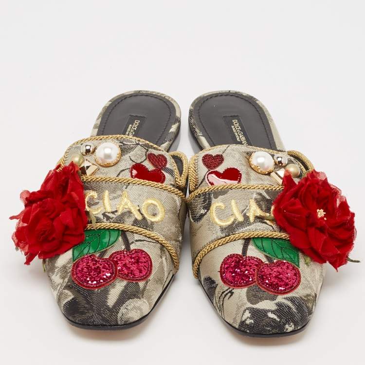 Pre Owned Dolce & Gabbana Multicolor Canvas flower Embellished Flat Mules Size 38