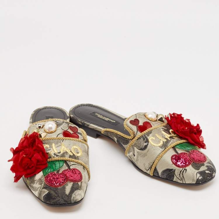 Pre Owned Dolce & Gabbana Multicolor Canvas flower Embellished Flat Mules Size 38