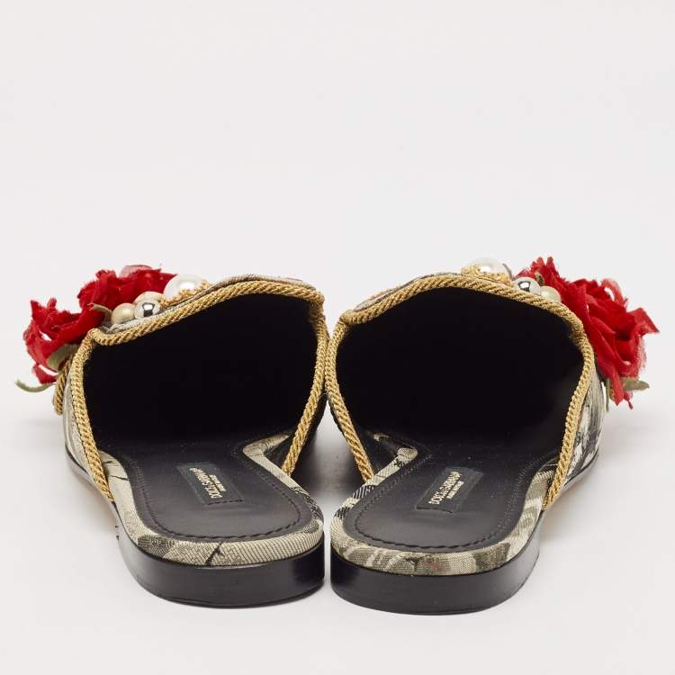 Pre Owned Dolce & Gabbana Multicolor Canvas flower Embellished Flat Mules Size 38