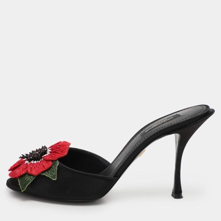 Pre Owned Dolce & Gabbana Black Satin Floral Applique Slide Sandals Size 38.5