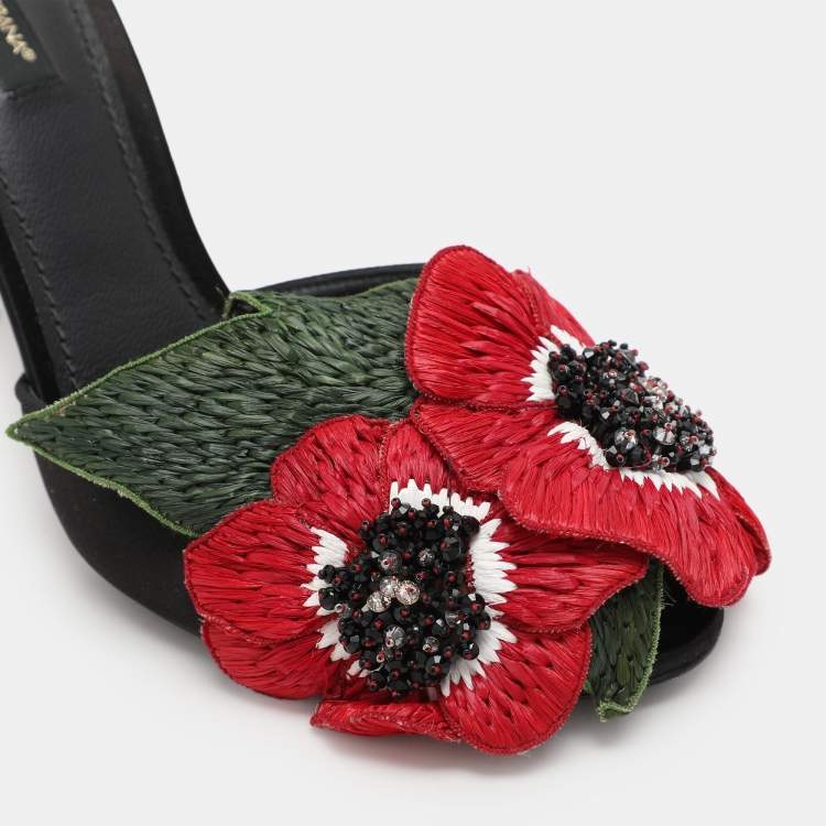 Pre Owned Dolce & Gabbana Black Satin Floral Applique Slide Sandals Size 38.5
