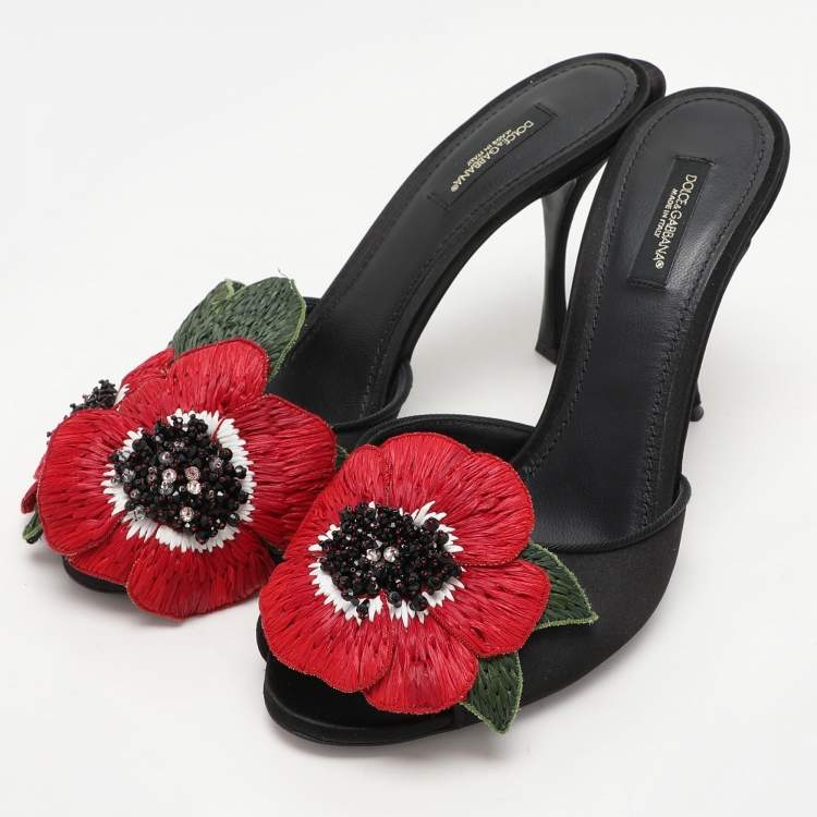 Pre Owned Dolce & Gabbana Black Satin Floral Applique Slide Sandals Size 38.5