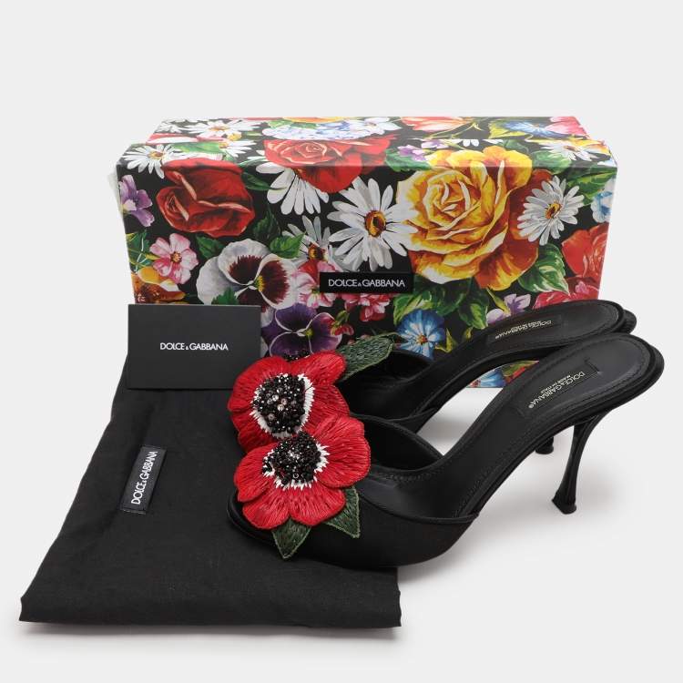 Pre Owned Dolce & Gabbana Black Satin Floral Applique Slide Sandals Size 38.5