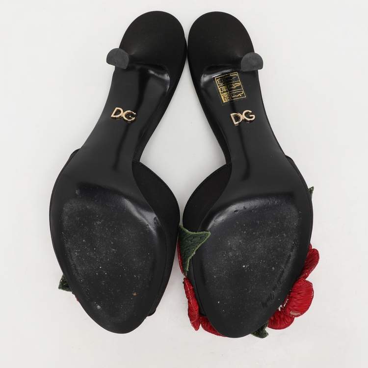 Pre Owned Dolce & Gabbana Black Satin Floral Applique Slide Sandals Size 38.5
