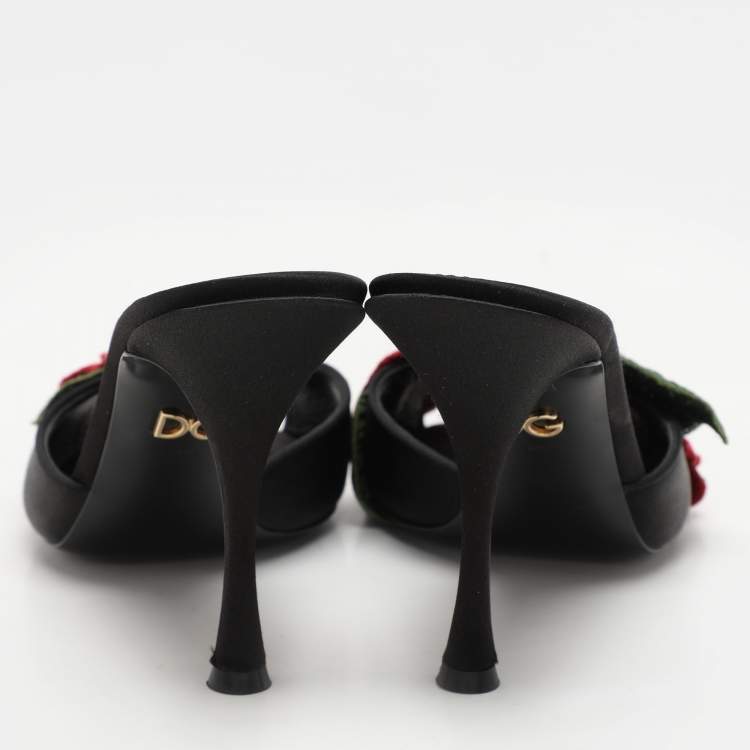 Pre Owned Dolce & Gabbana Black Satin Floral Applique Slide Sandals Size 38.5