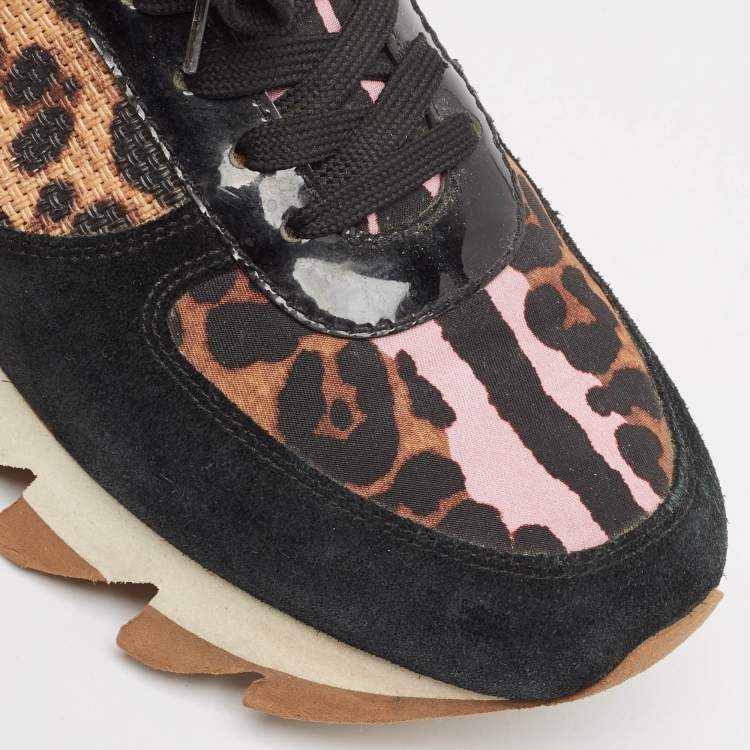 Pre Owned Dolce & Gabbana Black/Brown Suede and Leopard Print Fabric Low Top Sneakers Size 39