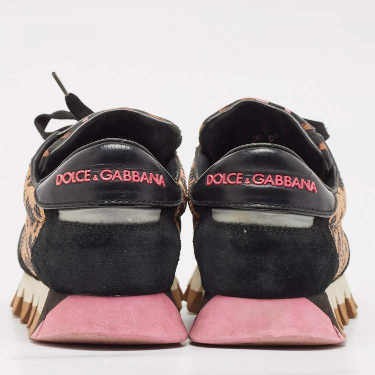 Pre Owned Dolce & Gabbana Black/Brown Suede and Leopard Print Fabric Low Top Sneakers Size 39
