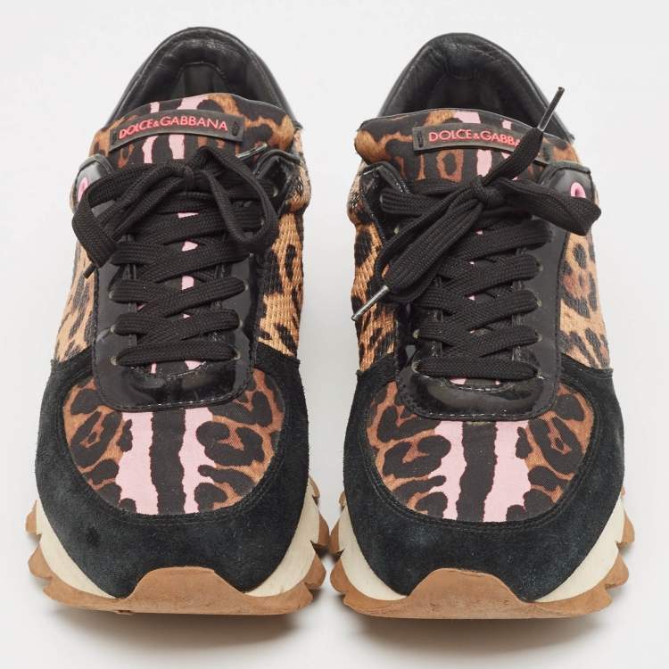 Pre Owned Dolce & Gabbana Black/Brown Suede and Leopard Print Fabric Low Top Sneakers Size 39