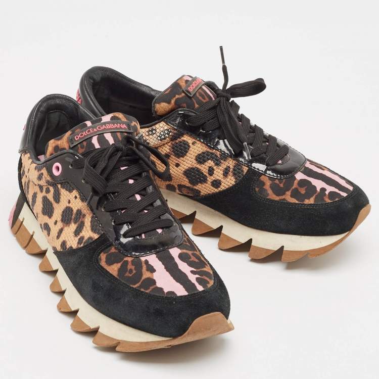 Pre Owned Dolce & Gabbana Black/Brown Suede and Leopard Print Fabric Low Top Sneakers Size 39