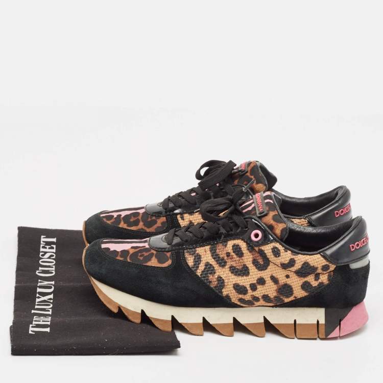 Pre Owned Dolce & Gabbana Black/Brown Suede and Leopard Print Fabric Low Top Sneakers Size 39