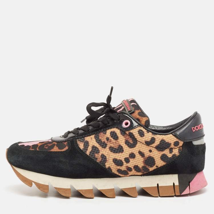 Pre Owned Dolce & Gabbana Black/Brown Suede and Leopard Print Fabric Low Top Sneakers Size 39