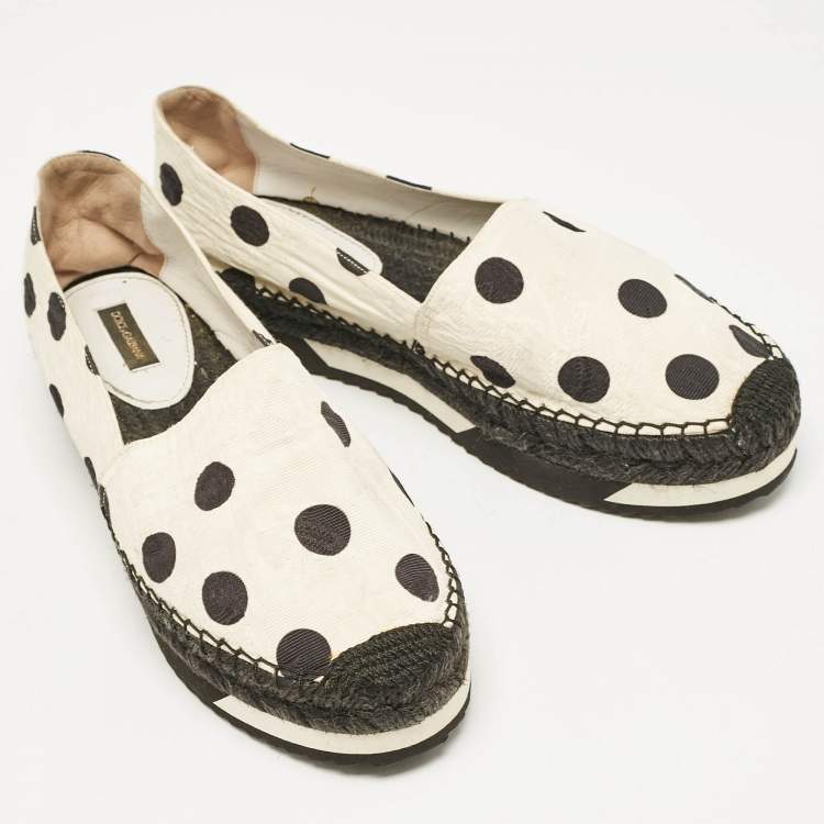 Pre Owned Dolce & Gabbana White/Black Canvas Polka Dot Print Flat Espadrilles Size 39