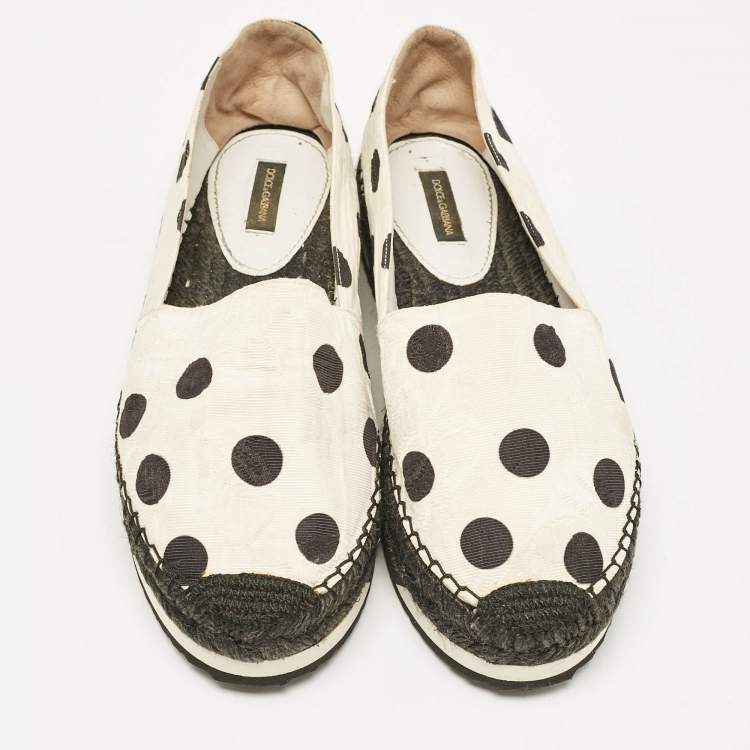 Pre Owned Dolce & Gabbana White/Black Canvas Polka Dot Print Flat Espadrilles Size 39