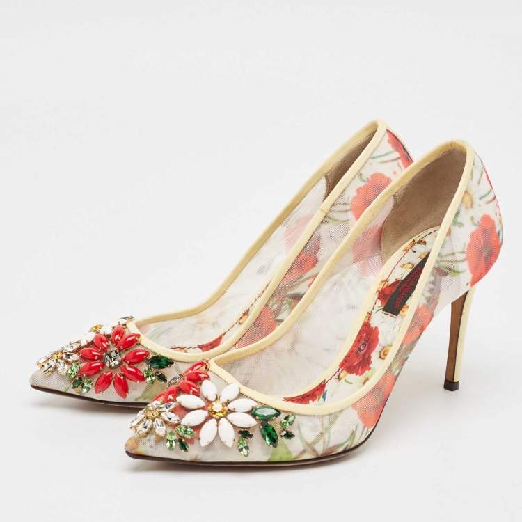 Pre Owned Dolce & Gabbana Multicolor Patent Leather and Printed Mesh Flower Embellished Pumps Size 35