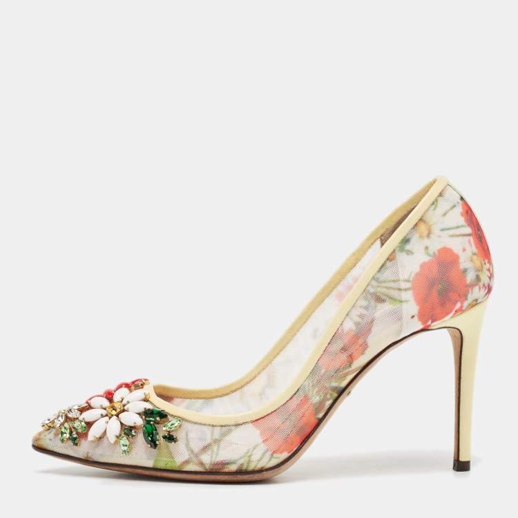 Pre Owned Dolce & Gabbana Multicolor Patent Leather and Printed Mesh Flower Embellished Pumps Size 35
