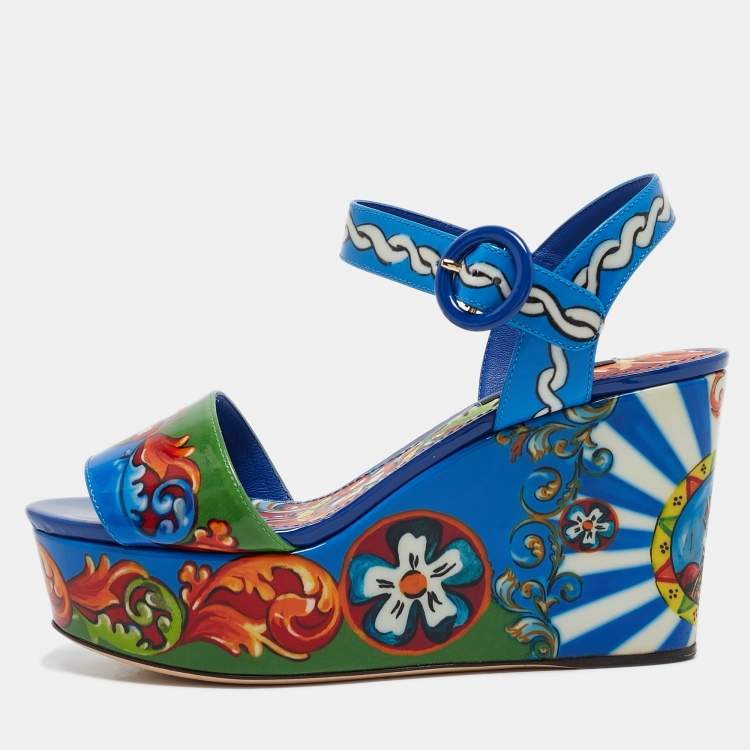 Pre Owned Dolce & Gabbana Multicolor Majolica Print Patent Leather Wedge Sandals Size 35