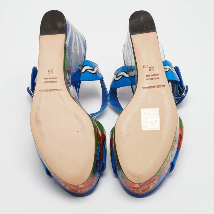 Pre Owned Dolce & Gabbana Multicolor Majolica Print Patent Leather Wedge Sandals Size 35