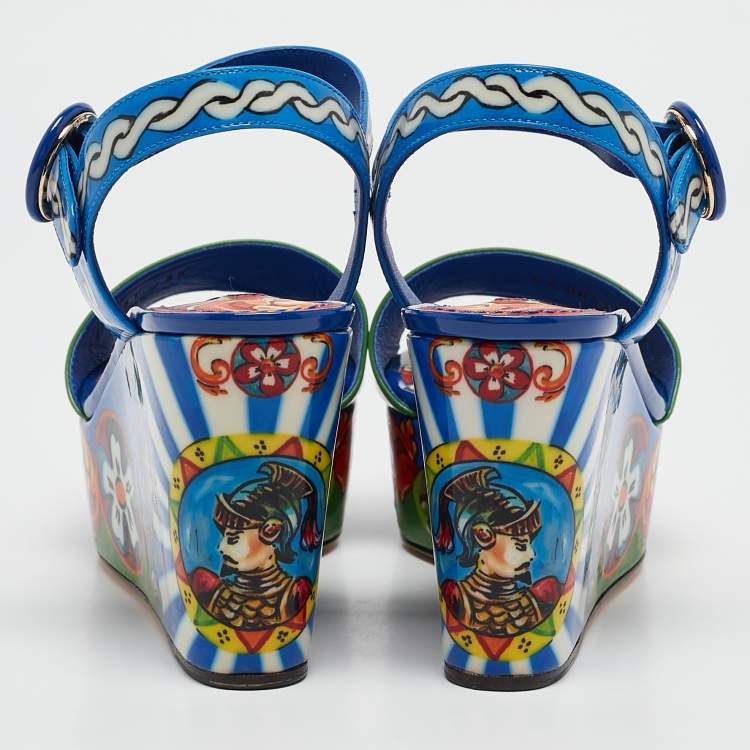 Pre Owned Dolce & Gabbana Multicolor Majolica Print Patent Leather Wedge Sandals Size 35