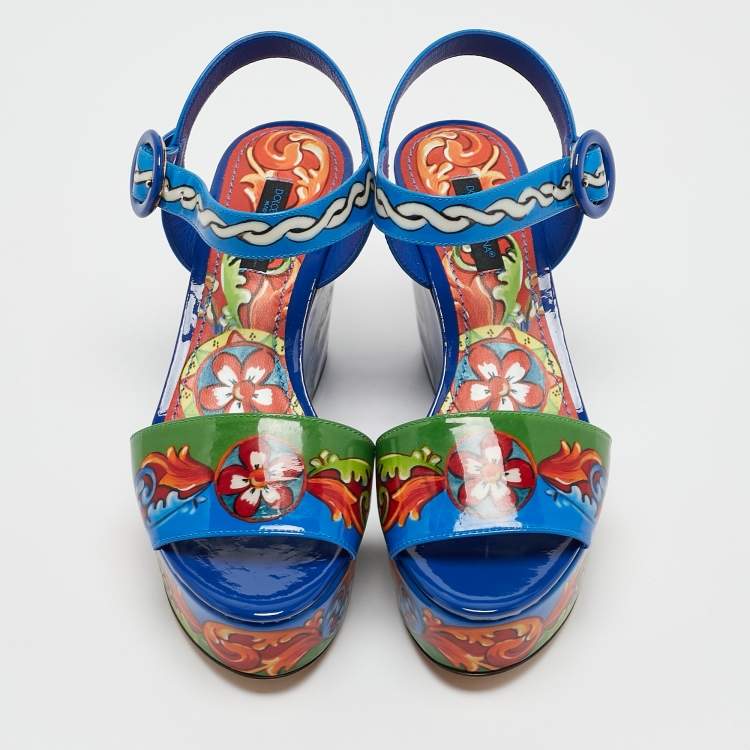 Pre Owned Dolce & Gabbana Multicolor Majolica Print Patent Leather Wedge Sandals Size 35