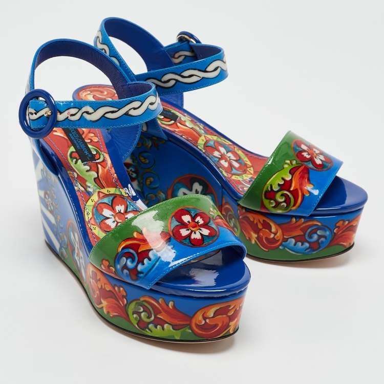 Pre Owned Dolce & Gabbana Multicolor Majolica Print Patent Leather Wedge Sandals Size 35