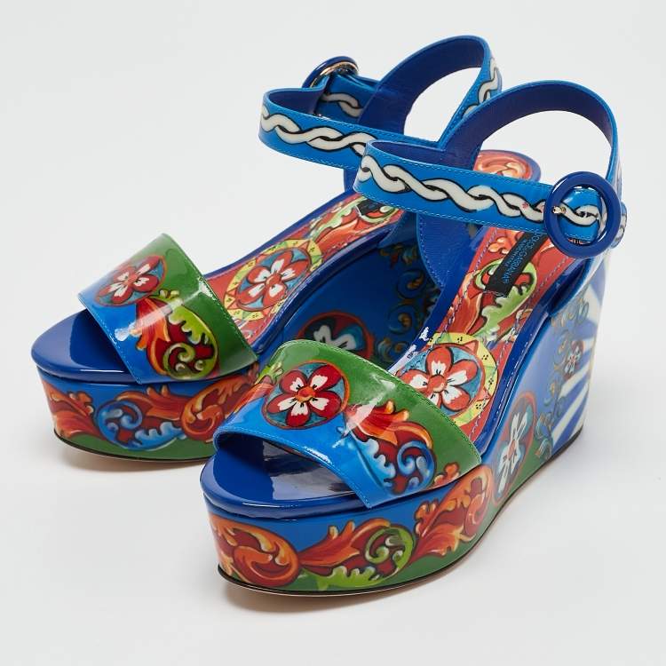 Pre Owned Dolce & Gabbana Multicolor Majolica Print Patent Leather Wedge Sandals Size 35
