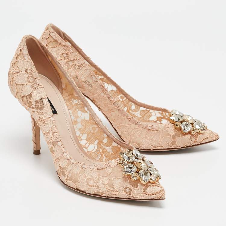 Pre Owned Dolce and Gabbana Peach Lace Belluci Crystals Pumps Size 39.5