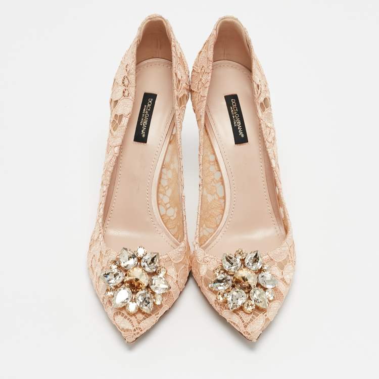 Pre Owned Dolce and Gabbana Peach Lace Belluci Crystals Pumps Size 39.5