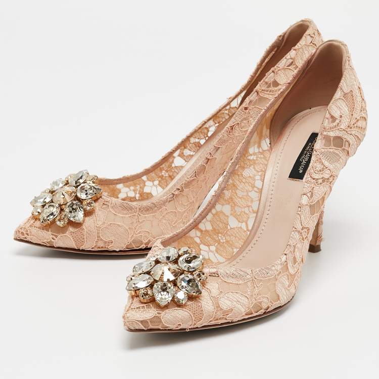 Pre Owned Dolce and Gabbana Peach Lace Belluci Crystals Pumps Size 39.5