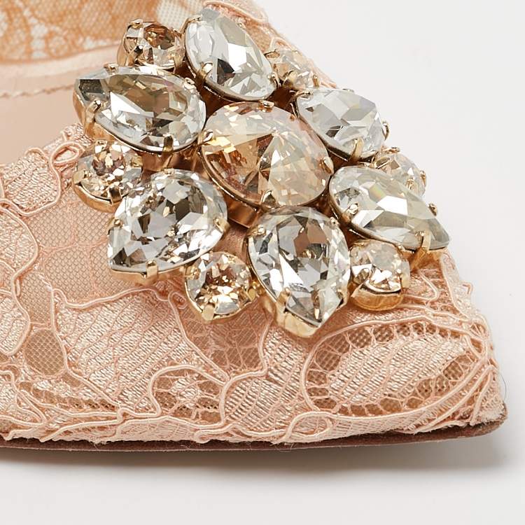 Pre Owned Dolce and Gabbana Peach Lace Belluci Crystals Pumps Size 39.5