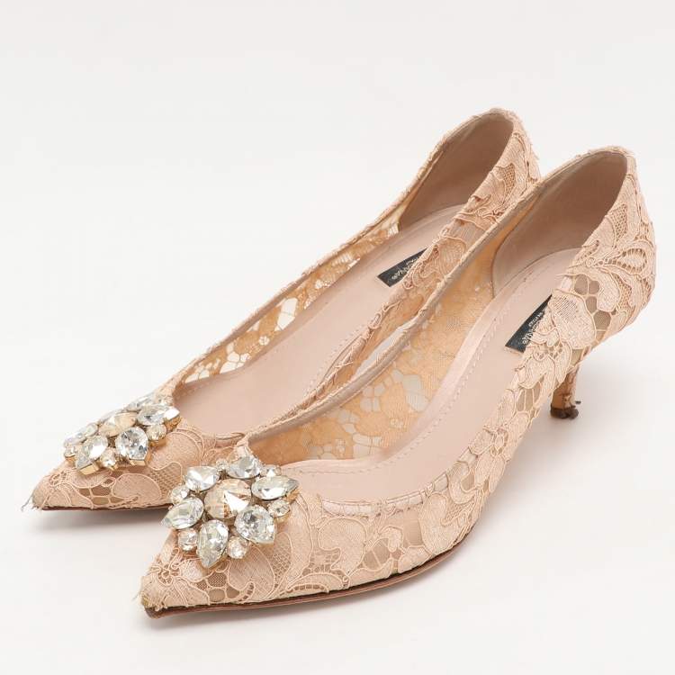 Pre Owned Dolce & Gabbana Light Peach Lace Bellucci Embellished Pointed Toe Pumps Size 40