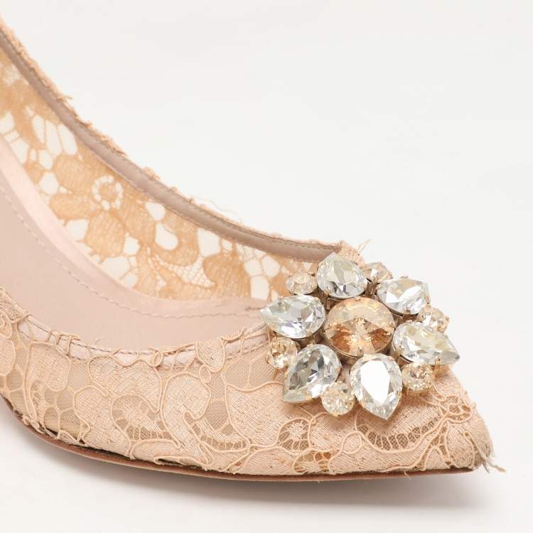 Pre Owned Dolce & Gabbana Light Peach Lace Bellucci Embellished Pointed Toe Pumps Size 40