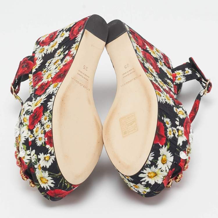 Pre Owned Dolce & Gabbana Red Floral Print Brocade Fabric Wedge Sandals Size 35