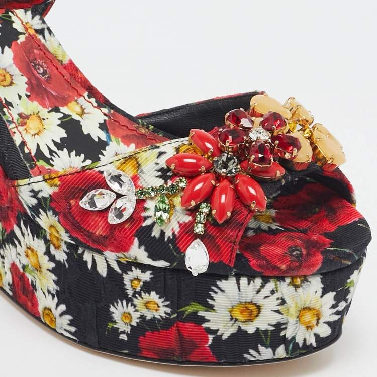 Pre Owned Dolce & Gabbana Red Floral Print Brocade Fabric Wedge Sandals Size 35