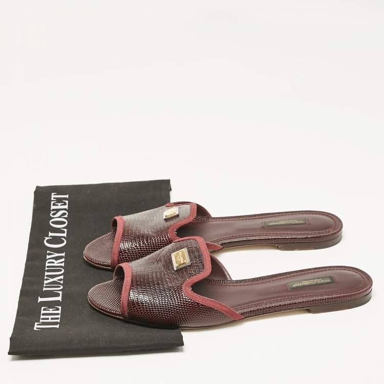 Pre Owned Dolce & Gabbana Burgundy Lizard Embossed Leather Sofia Flat Slides Size 39