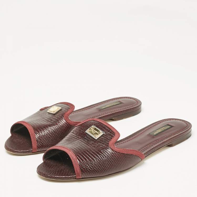 Pre Owned Dolce & Gabbana Burgundy Lizard Embossed Leather Sofia Flat Slides Size 39