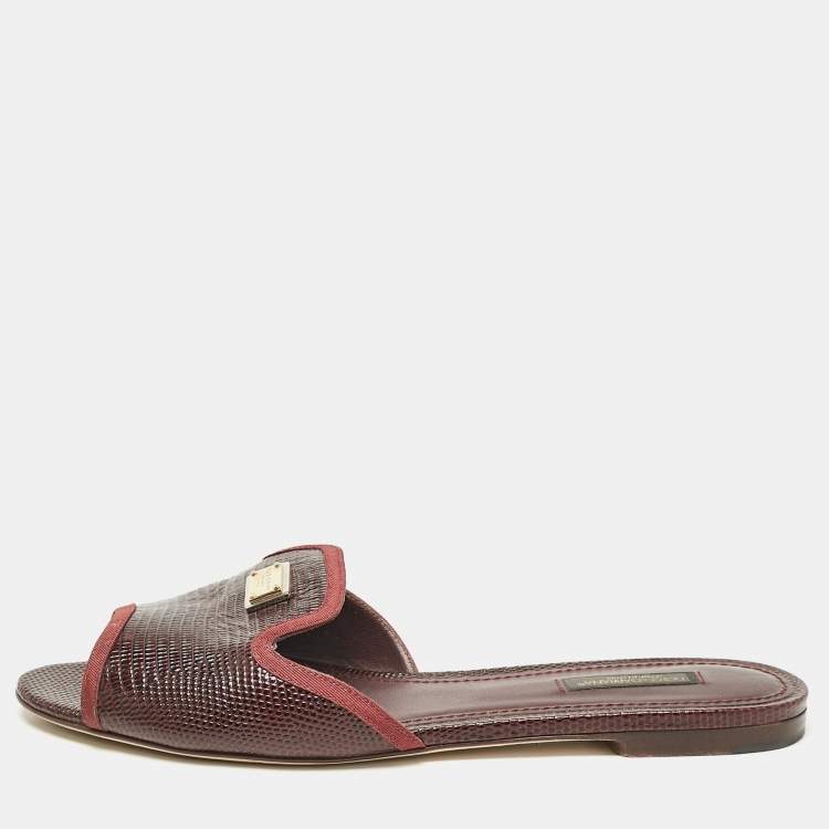 Pre Owned Dolce & Gabbana Burgundy Lizard Embossed Leather Sofia Flat Slides Size 39