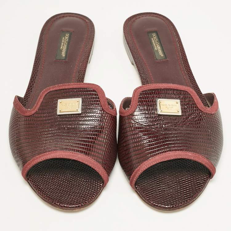Pre Owned Dolce & Gabbana Burgundy Lizard Embossed Leather Sofia Flat Slides Size 39