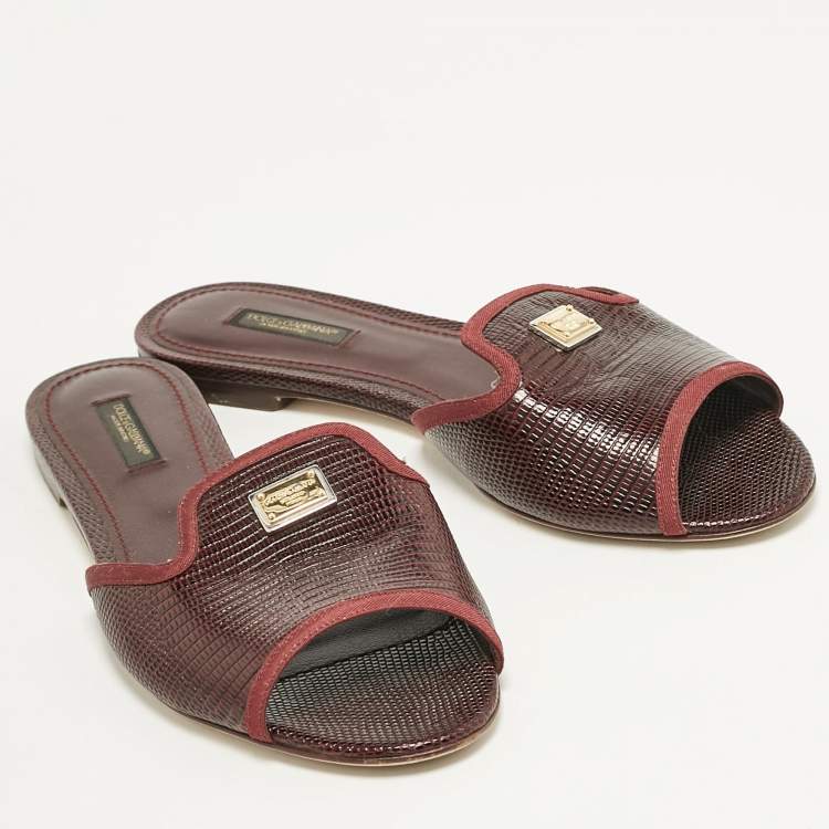 Pre Owned Dolce & Gabbana Burgundy Lizard Embossed Leather Sofia Flat Slides Size 39