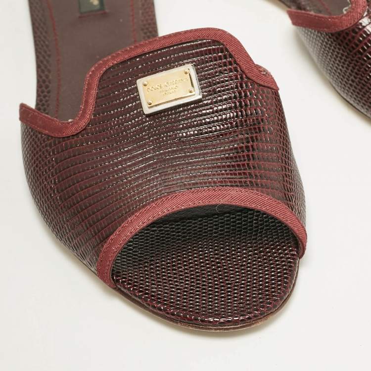 Pre Owned Dolce & Gabbana Burgundy Lizard Embossed Leather Sofia Flat Slides Size 39