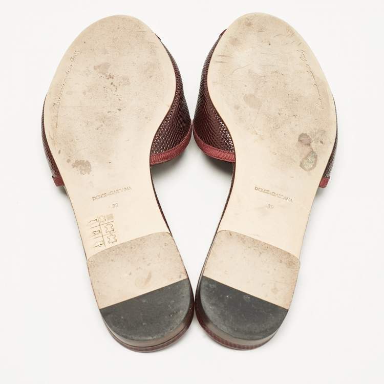 Pre Owned Dolce & Gabbana Burgundy Lizard Embossed Leather Sofia Flat Slides Size 39