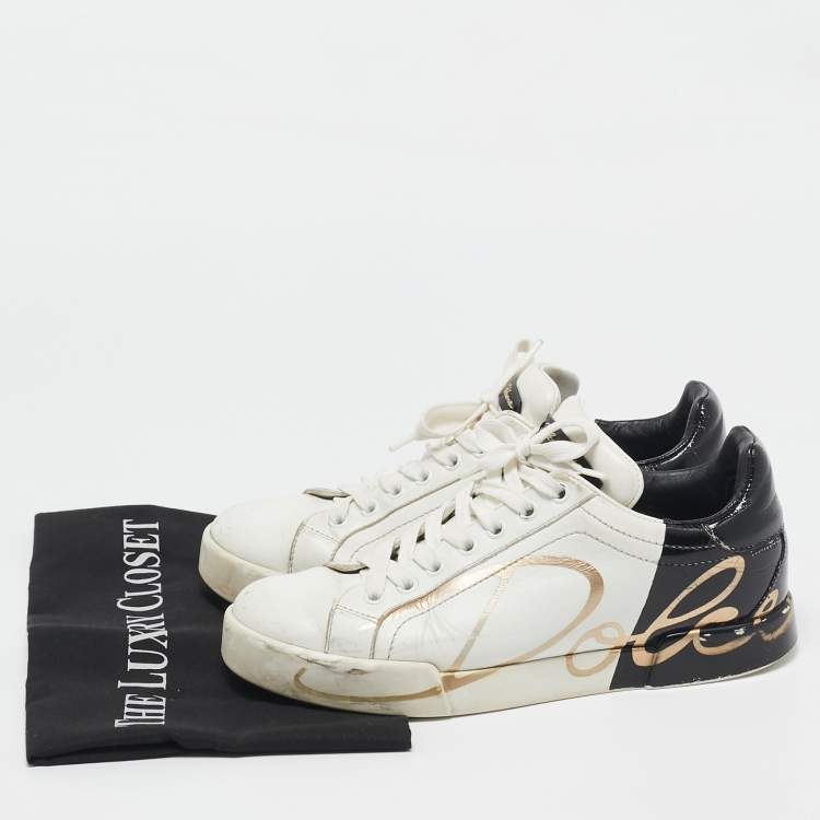 Pre Owned Dolce & Gabbana White/Black Leather and Patent Logo Print Portofino Sneakers Size 37