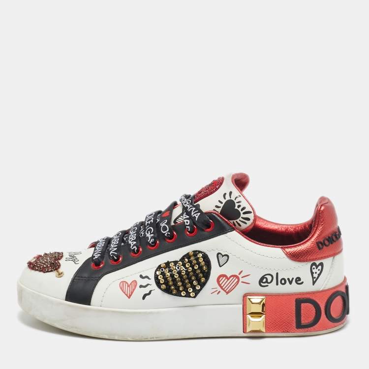 Pre Owned Dolce & Gabbana Multicolor Leather Amore Heart Embroidered Low Top Sneakers Size 38