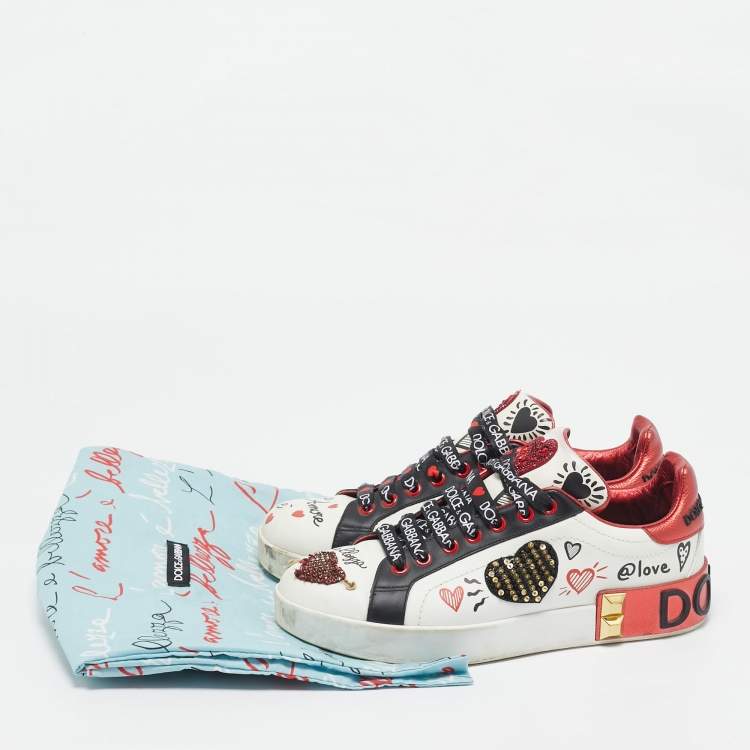 Pre Owned Dolce & Gabbana Multicolor Leather Amore Heart Embroidered Low Top Sneakers Size 38