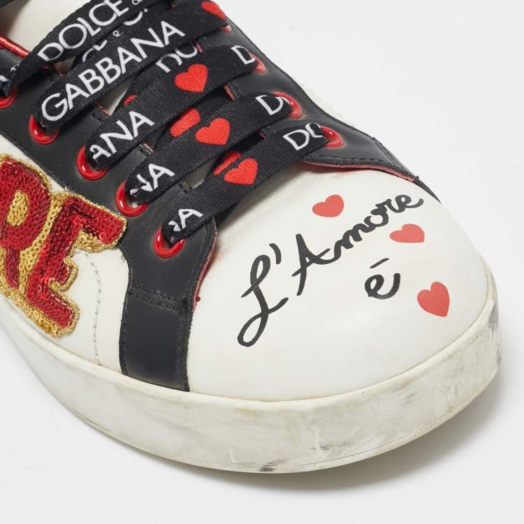 Pre Owned Dolce & Gabbana Multicolor Leather Amore Heart Embroidered Low Top Sneakers Size 38